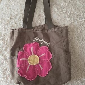 Life Is Good Brown Tote with Pink Floral Accent